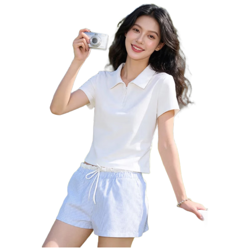 Baleno Gathered Polo Short Sleeve T-Shirt Women 2026 Spring Summer New Casual Fashion Simple Breathable Waist Slimming Top