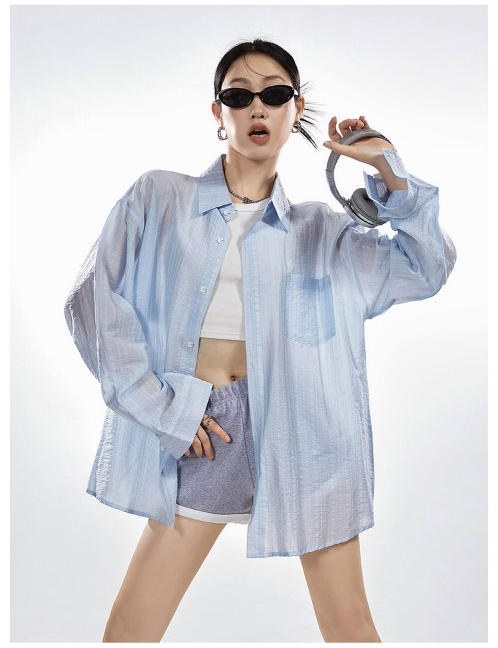 ICH MODE American Style White Shirt Women Summer Loose Physical Sun Protection Shirt Jacket Long Sleeve Top Blue XL 29