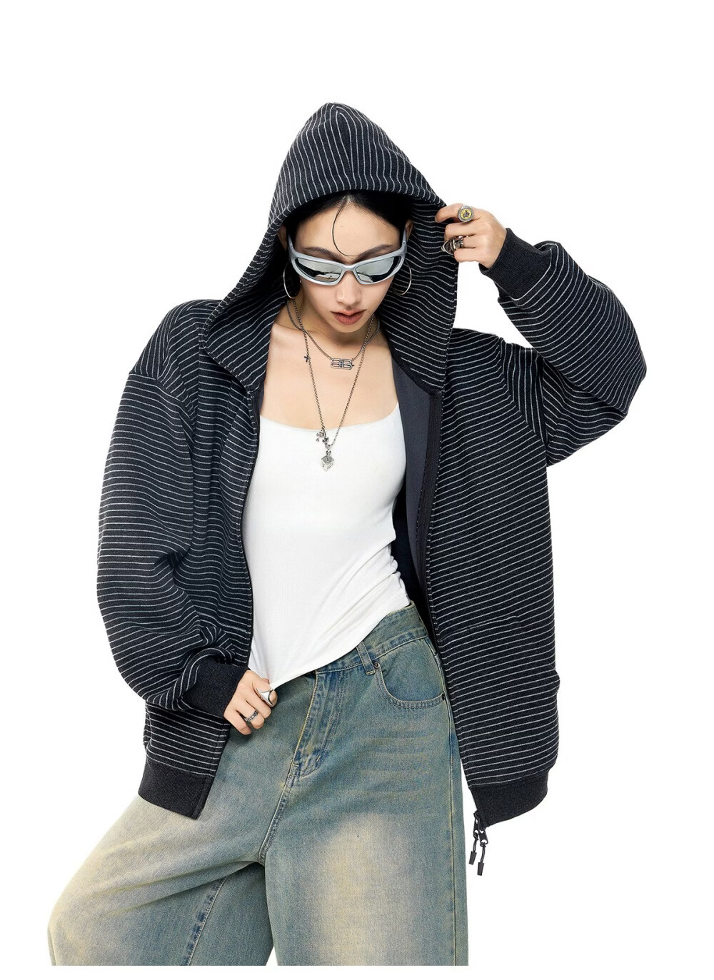 ICH MODE Celebrity Style Striped Hoodie Cardigan Sweatshirt for Women Spring Autumn New Sports Jacket Black M 40