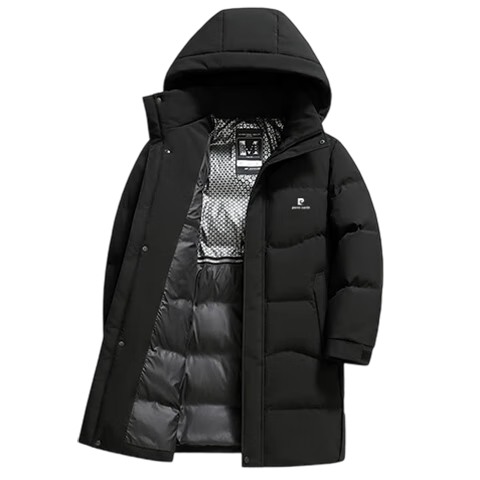 Pierre Cardin Cotton Jacket, Autumn And Winter Mid-Length Style for Men, Comfortable Simple Outdoor Windproof Hooded Coat, Black, 4XL