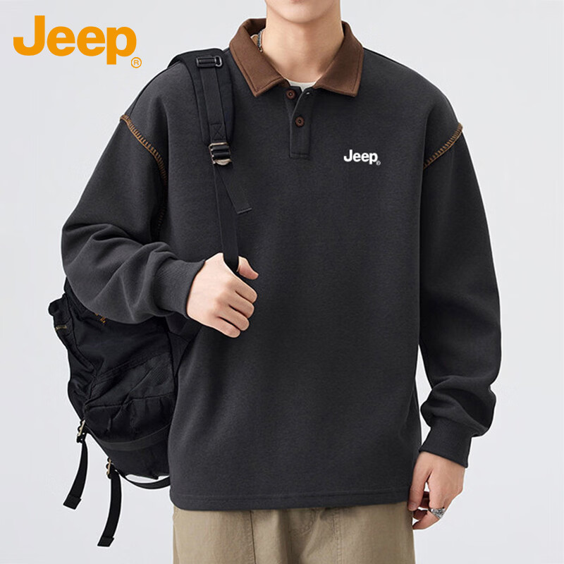 JEEP Men's Spring Autumn Polo Collar Loose Long Sleeve Base Shirt Top Dark Gray M