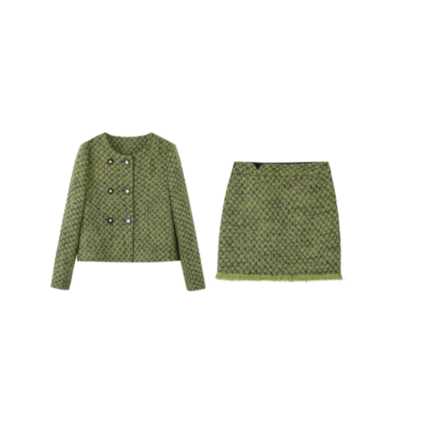 Dme [Elegant Chanel-Style] Winter New Round Neck Button-Up Long-Sleeve Top, High-Waist Skirt Set for Women, Fashionable Two-Piece Outfit