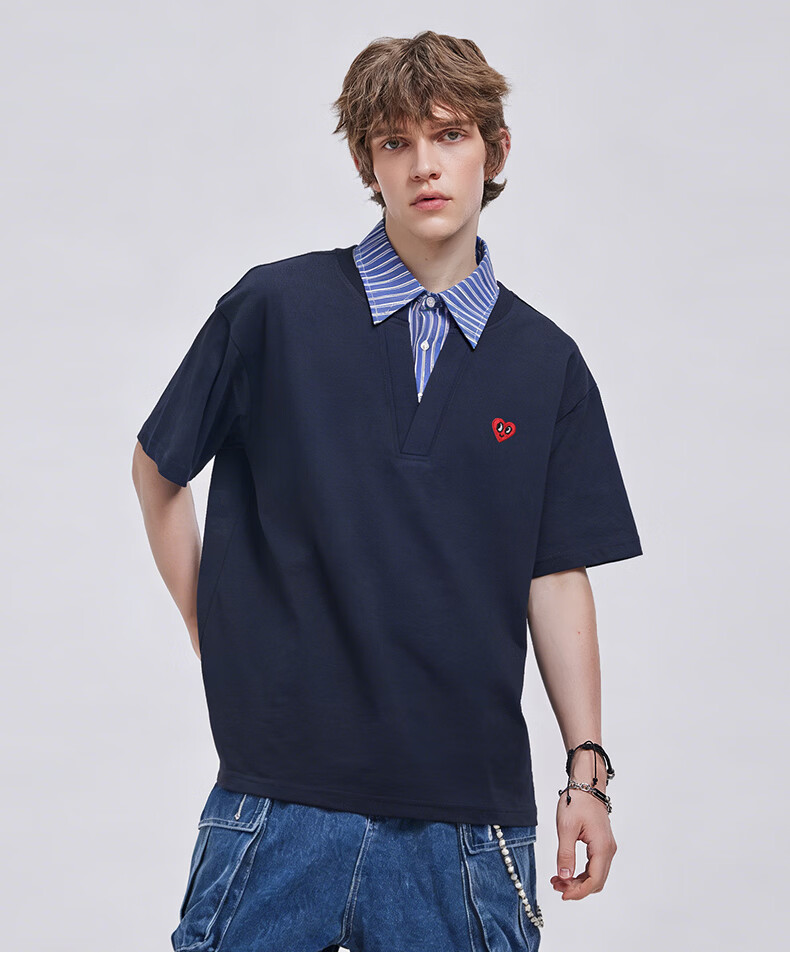 Charles Peach Heart Summer Premium Striped Collar Small Heart Couple Casual Short Sleeve Polo Shirt Navy Blue L 4