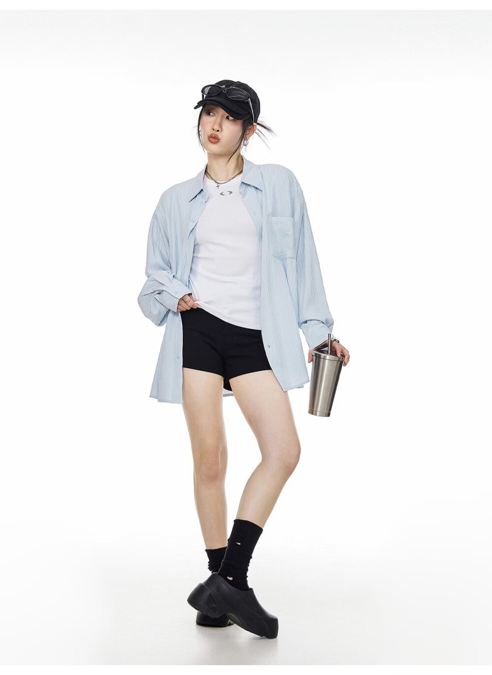ICH MODE American Texture Physical Sunscreen Long Sleeve Shirt Women 2026 New Summer Premium Shirt Light Blue S 7