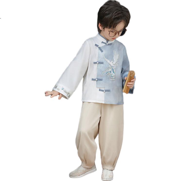 Qibo Boys' Hanfu Spring And Autumn Children's New Chinese-Style National Fashion Ancient Style Tang Suit, Hongying Long Sleeve (Top Only) 100