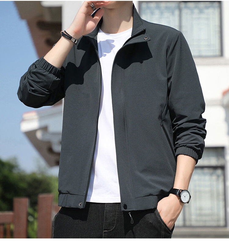 TUCANO Men's Jacket Spring Autumn Stand Collar Casual Loose Trendy Workwear Black L 6