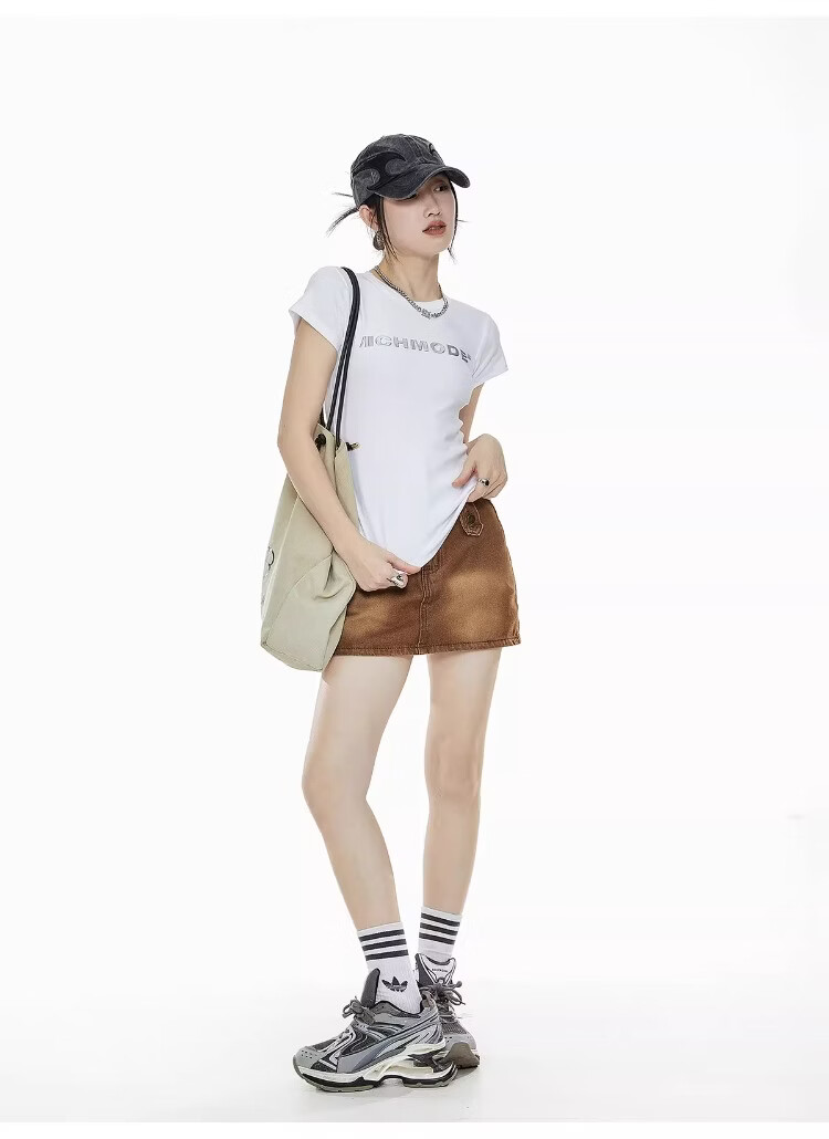 ICH MODE American Slim Fit Shoulder T-Shirt Women Summer New Short Crop Top Black L 29
