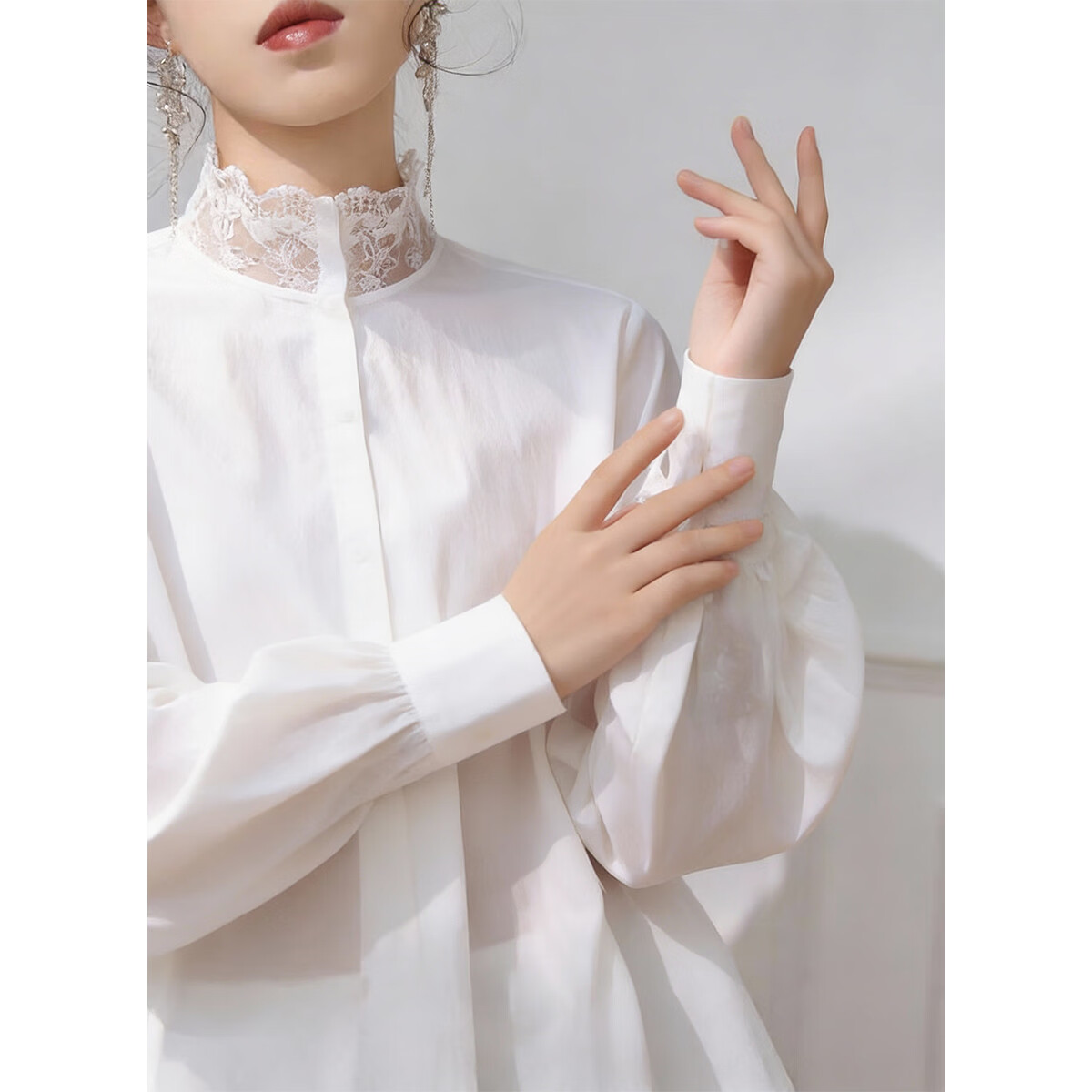 Demana Spring French Lace Lapel Long Sleeve Shirt Petite Elegant Women's Top with Full Cotton-Blend Stretch