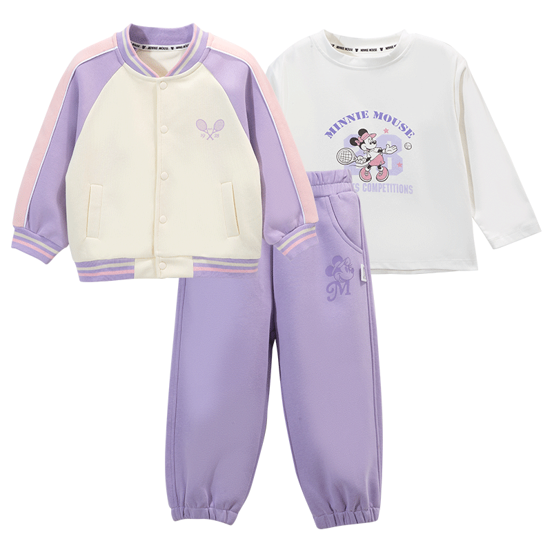 Disney Academy Style Spring and Autumn Girls' Fashion Casual Comfortable Warm Baseball Jacket Sweatshirt 3-Piece Set Candy Purple 140