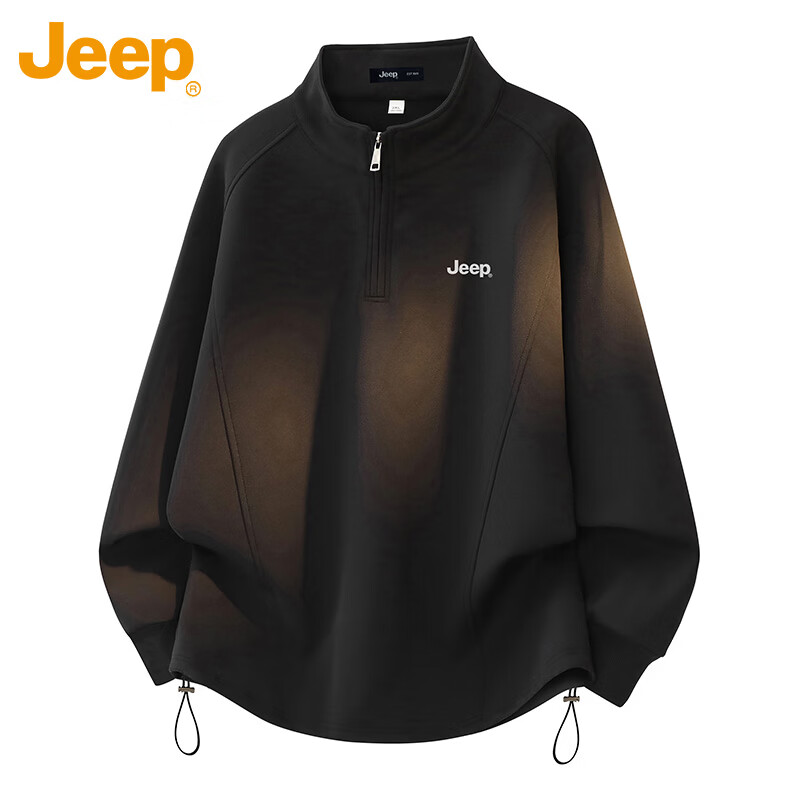 JEEP Men's Spring Autumn Stand Collar Long Sleeve T-Shirt Zipper Casual Trendy Versatile Black L