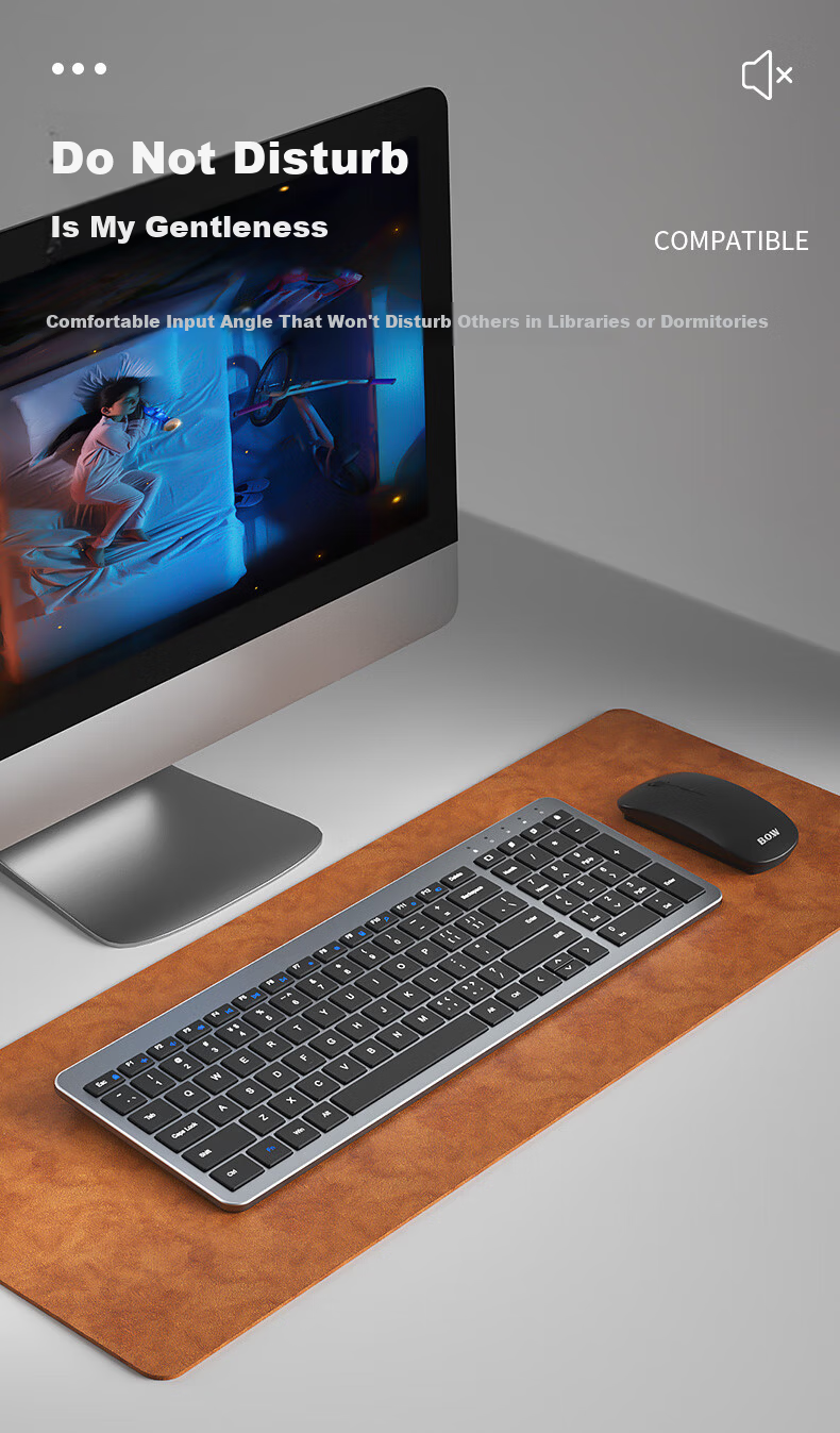 B.O.W Hangshi HW198DL-2 Rechargeable Ultra-thin Wireless Keyboard and Mouse Set for Laptop Desktop External Silent USB Small Business Office Home Use Silver White 7