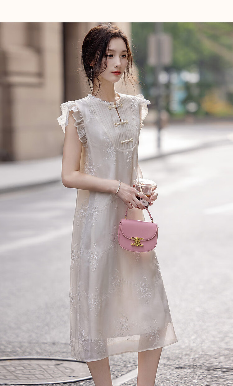 Dme [Yuhu Bingxin] Spring And Autumn Style New Chinese Embroidered Button Closure Water-Soluble Lace Trim Short Flutter Sleeves Dress for Wome 12