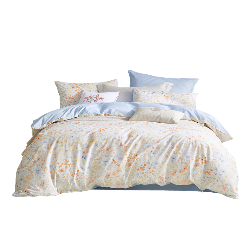 Luolai Home Textiles 100% Cotton Floral Bedding Set Pure Cotton Four-Piece Bed Linen Orange 220*250cm