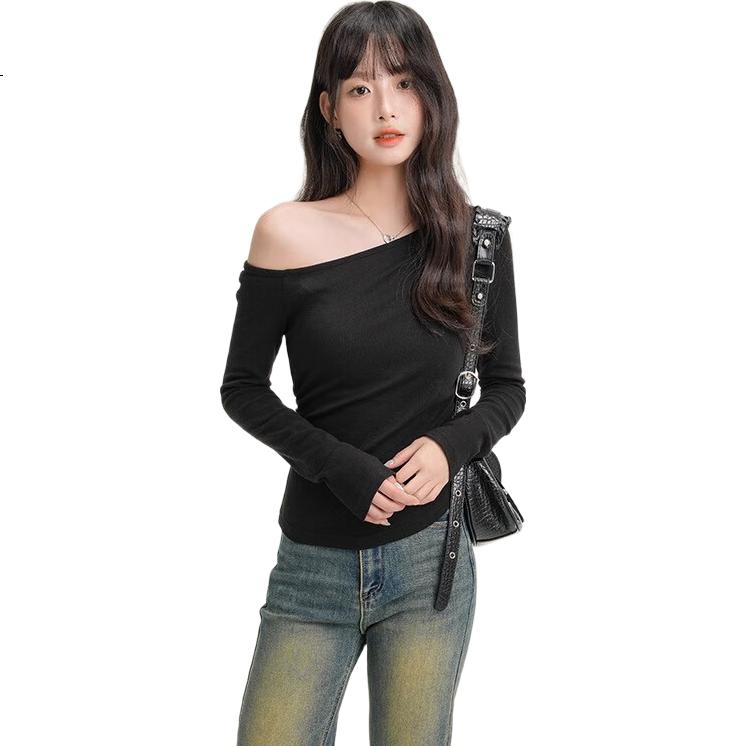 Woodpecker Women's Slant Shoulder Long Sleeve T-Shirt Autumn New Trendy Casual Slim Fit Base Shirt White L