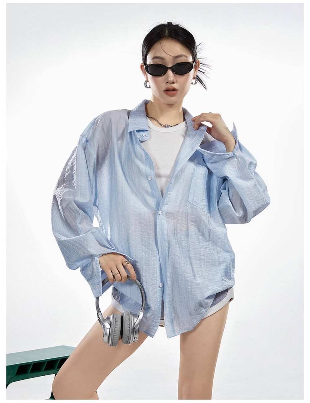 ICH MODE American Style White Shirt Women Summer Loose Physical Sun Protection Shirt Jacket Long Sleeve Top Blue XL 27