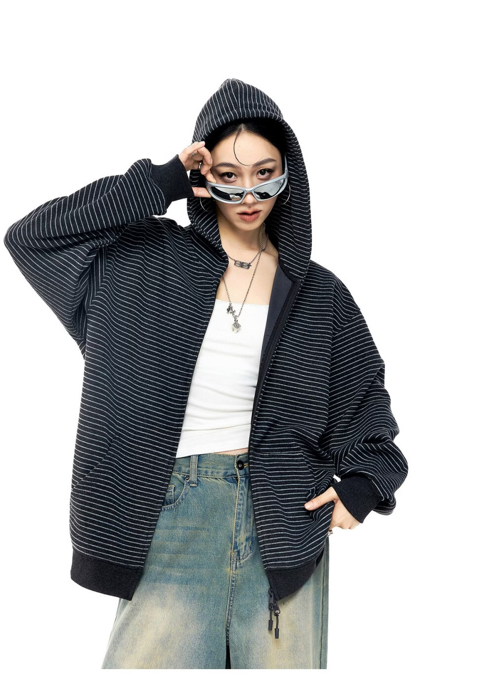 ICH MODE Celebrity Style Striped Hoodie Cardigan Sweatshirt for Women Spring Autumn New Sports Jacket Black M 39