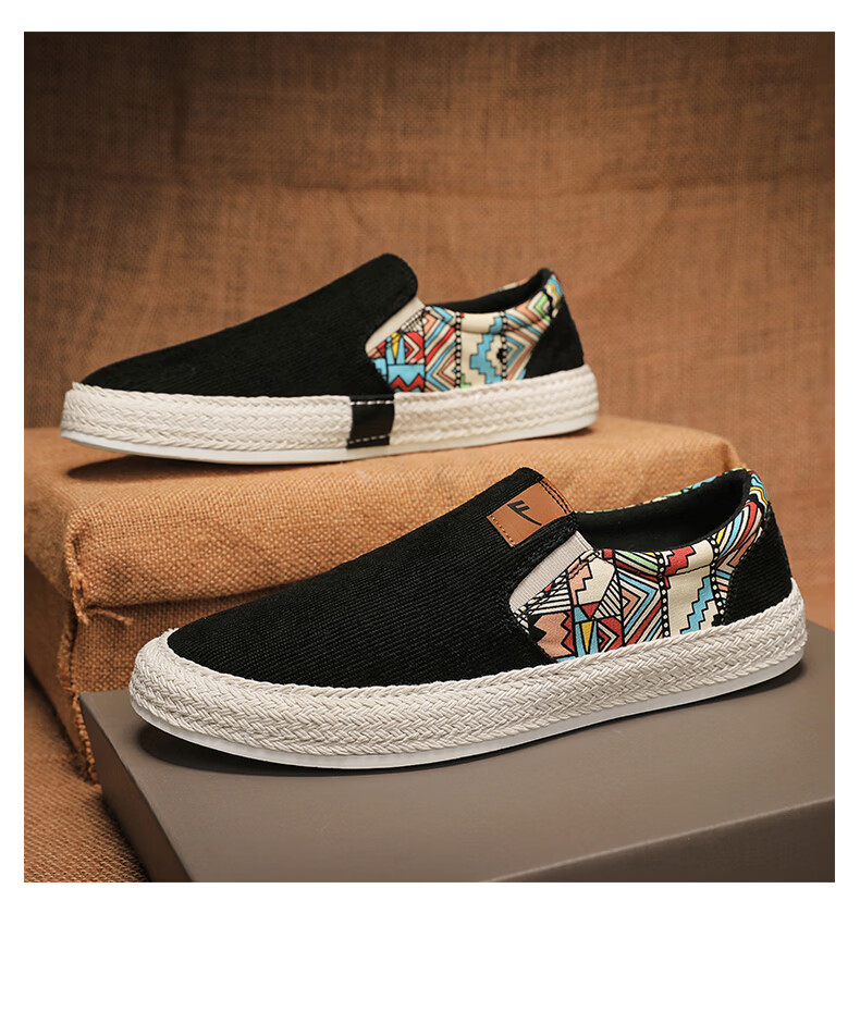 Warrior Men's Spring Slip-On Canvas Shoes Ultra-Light Soft Sole Traditional Print Fashion Versatile Canvas Shoes Black Color Size 44 13