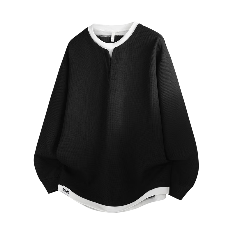 MARK FAIRWHALE Men's Spring Casual Hoodie Long Sleeve T-Shirt Fake Two-Piece Base Shirt Black S
