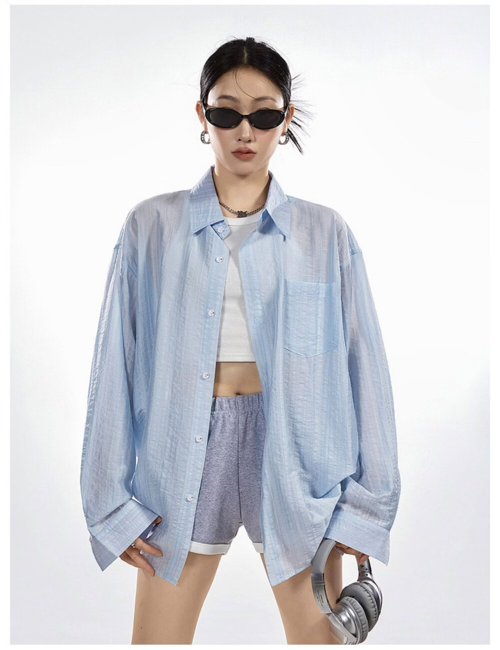 ICH MODE American Style White Shirt Women Summer Loose Physical Sun Protection Shirt Jacket Long Sleeve Top Blue XL 33