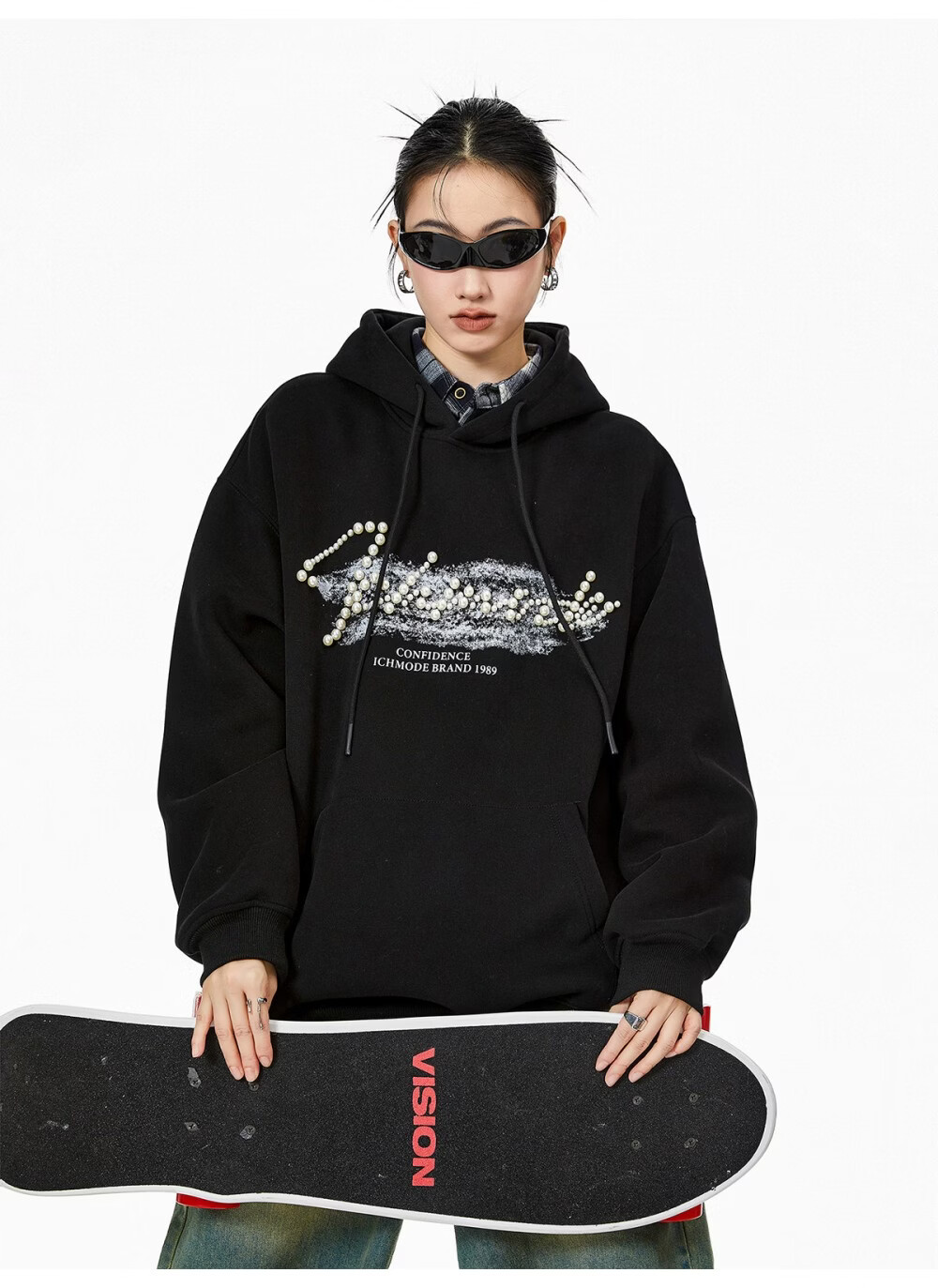 ICH MODE American Style Gray Hoodie Women 2026 Spring New Loose Casual Pullover Jacket White S 5