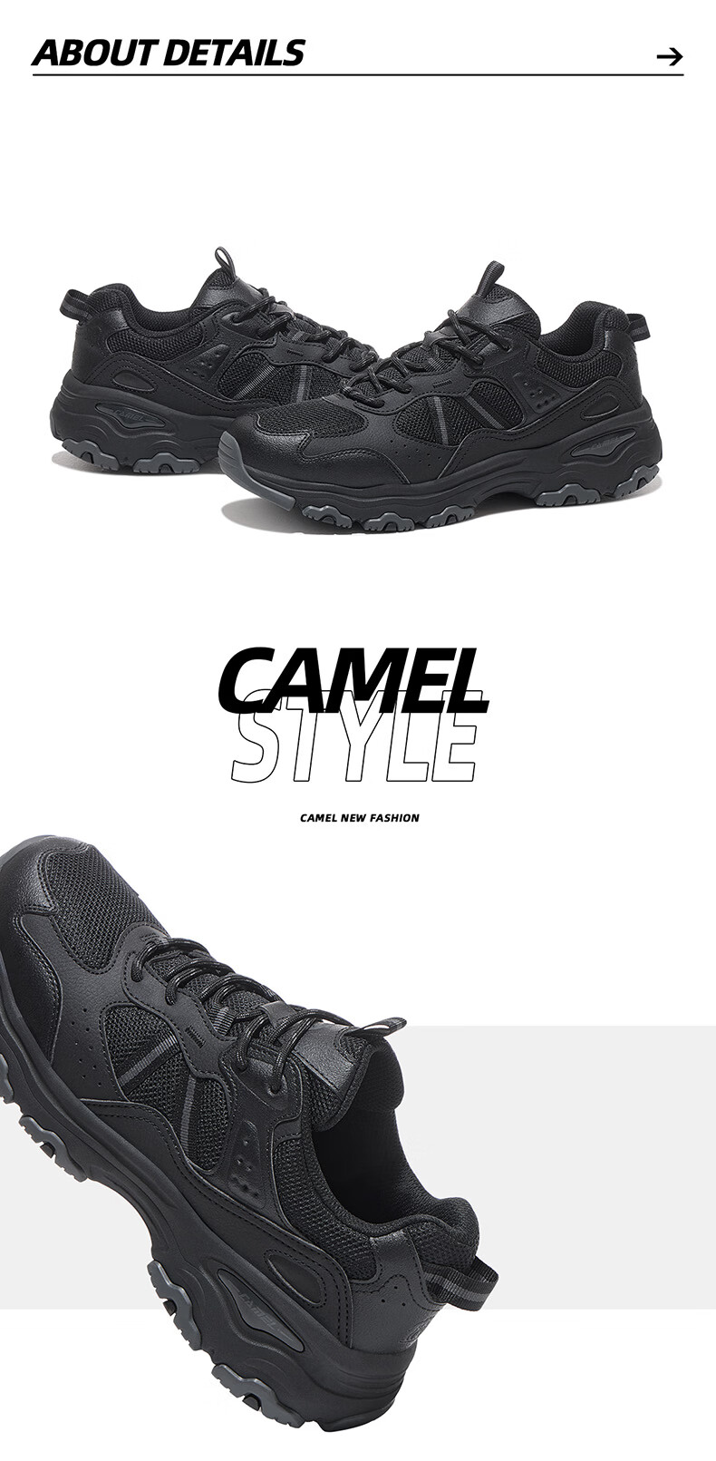 CAMEL Xinghai 2nd Generation Men's Breathable Thick-Soled Casual Sports Shoes K16B09L7075 Black/Castle Gray Size 42 10