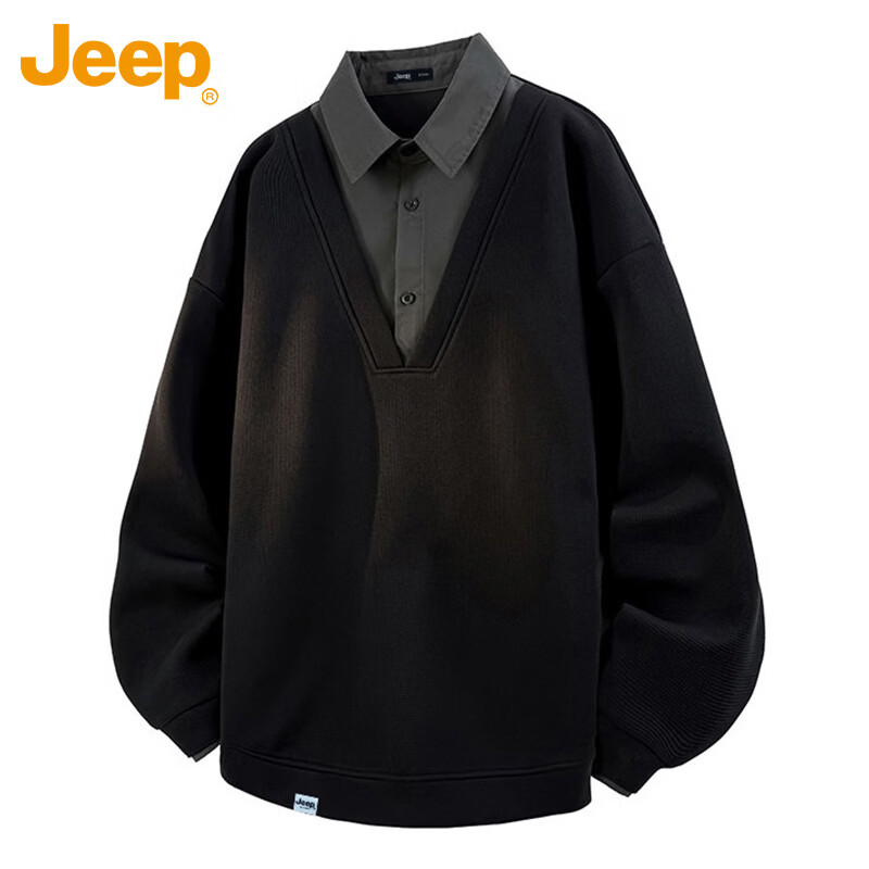 JEEP Men's Spring and Autumn Faux Two-Piece Polo Casual Long Sleeve T-Shirt Black 4XL