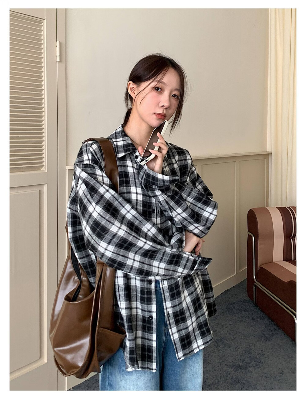 ICH MODE "Jeju Island Breeze" Brushed Plaid Shirt Jacket Women Vintage Check Long Sleeve Korean Style Shirt Blue L 14