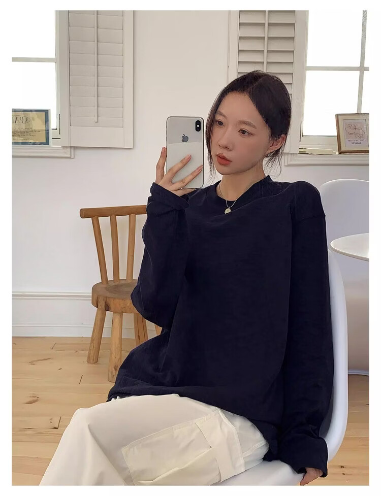 ICH MODE "Versatile King" Bamboo Cotton White Long Sleeve T-Shirt Women Loose Pullover Solid Color Base Shirt White XL 9