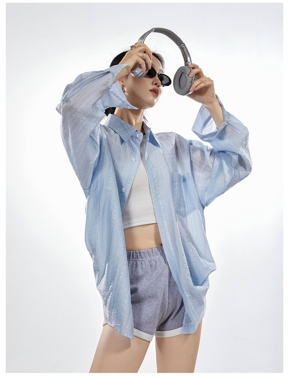 ICH MODE American Style White Shirt Women Summer Loose Physical Sun Protection Shirt Jacket Long Sleeve Top Blue XL 25
