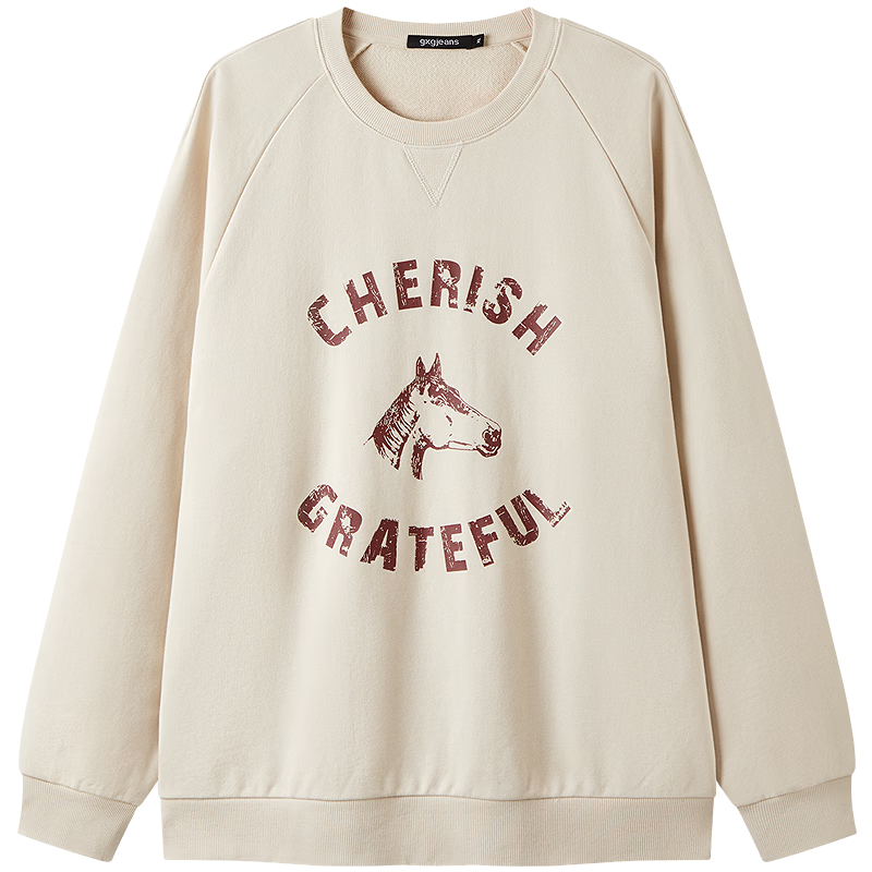 Gxgjeans Men's American Vintage Colorblock Trendy Pattern Loose Fit Crewneck Sweatshirt 26 Spring New Light Apricot 170/M
