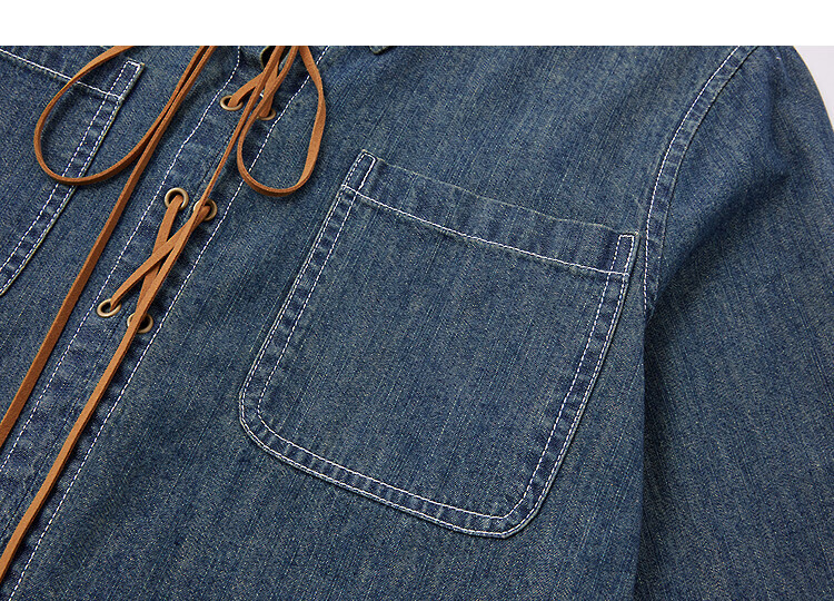 Demana Zhenxiang 100% Cotton Spring Lapel Drawstring Drop Shoulder Pocket Loose Petite Women's Denim Shirt 13