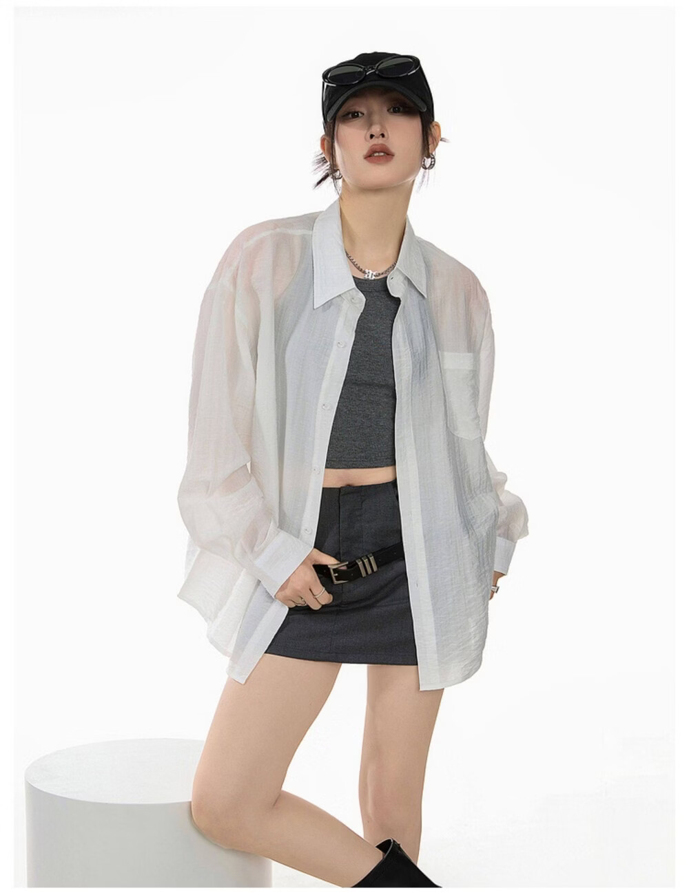 ICH MODE American Style White Shirt Women Summer Loose Physical Sun Protection Shirt Jacket Long Sleeve Top Blue XL 23