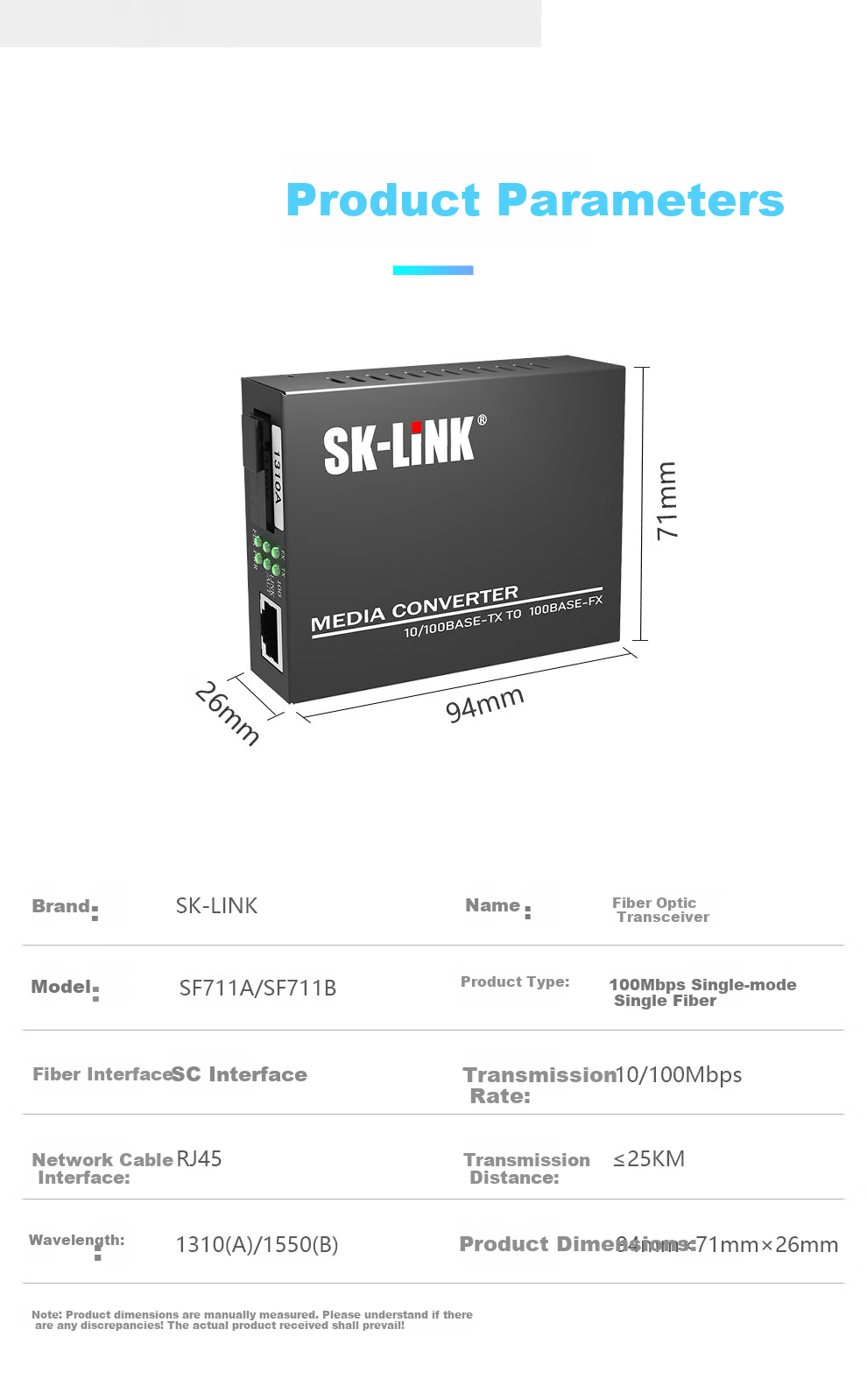 SK-LINK Gigabit Fiber Optic Transceiver Single-Mode Single-Fiber Optical-Electrical Converter Lightning And Surge Protection SC Interface Telecom-Grade Adaptive 3KM Pair SK-SG711A/B 4