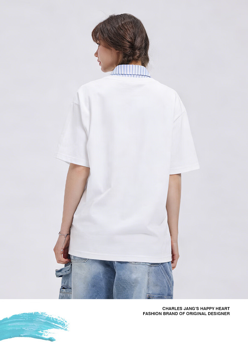 Charles Peach Heart Summer Premium Striped Collar Small Heart Couple Casual Short Sleeve Polo Shirt Navy Blue L 3