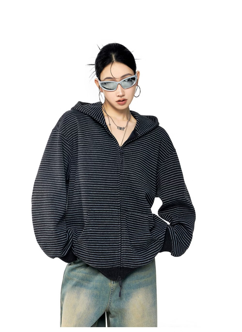 ICH MODE Celebrity Style Striped Hoodie Cardigan Sweatshirt for Women Spring Autumn New Sports Jacket Black M 35