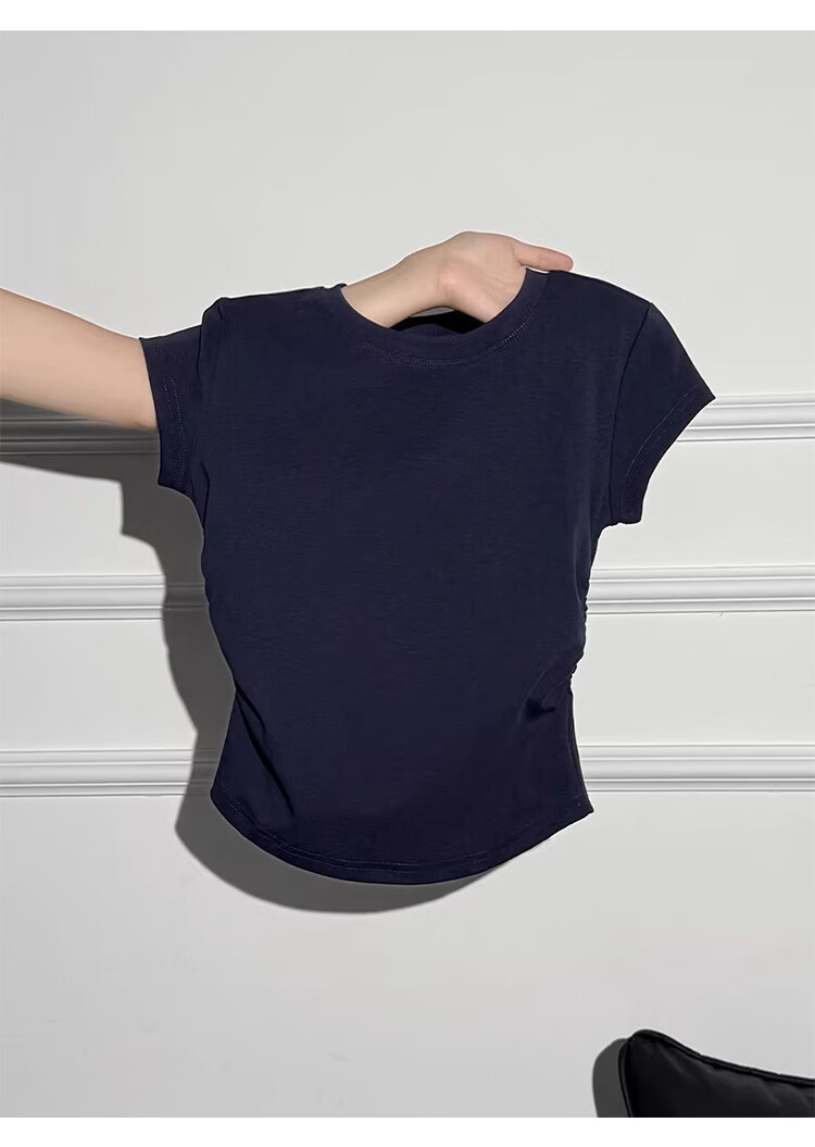 Shuangxing Women's Straight Shoulder Round Neck Short Sleeve T-Shirt Spring Summer 2026 New Design Pleated Waist Slim Top Black XL 11
