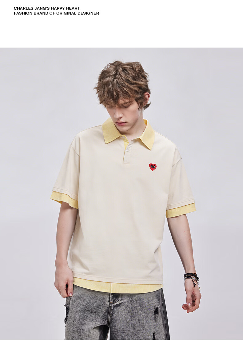 Charles Peach Heart American Style Trendy Fake Two-Piece Small Heart Pure Cotton Couple Casual Short Sleeve Polo Shirt Unisex Light Khaki XS 15