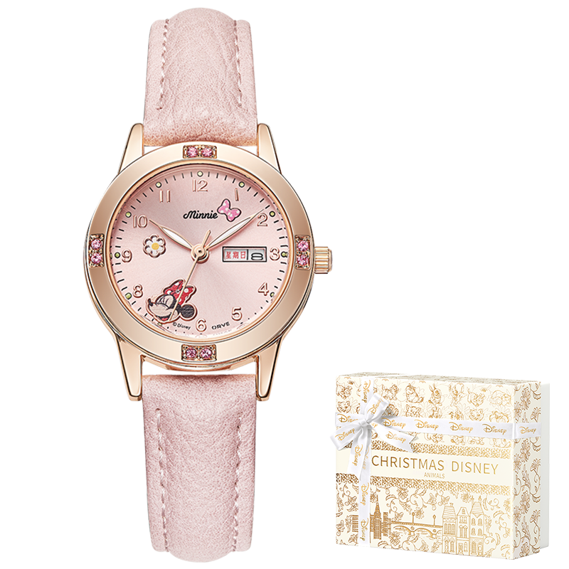 Disney Children's Watch for Girls, Elementary School Students Aged 6-12, Only Time Display, Dual Calendar, Waterproof Watch with Gift Box, Birthday Gift