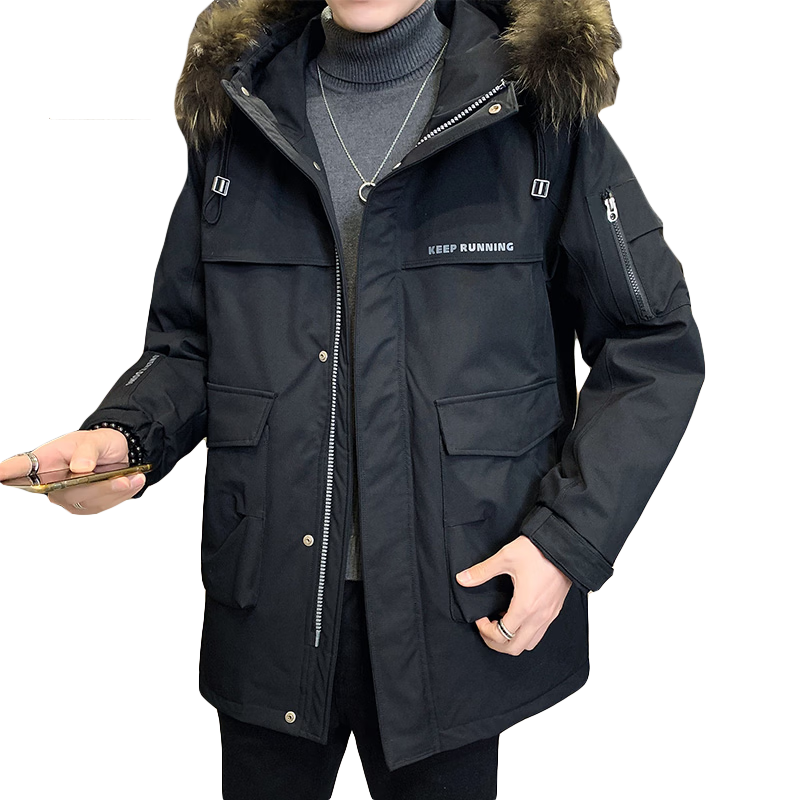 JEEP SPIRIT Men's Down Jacket Autumn Winter Workwear Fur Collar Mid-Length Parka Black 2XL