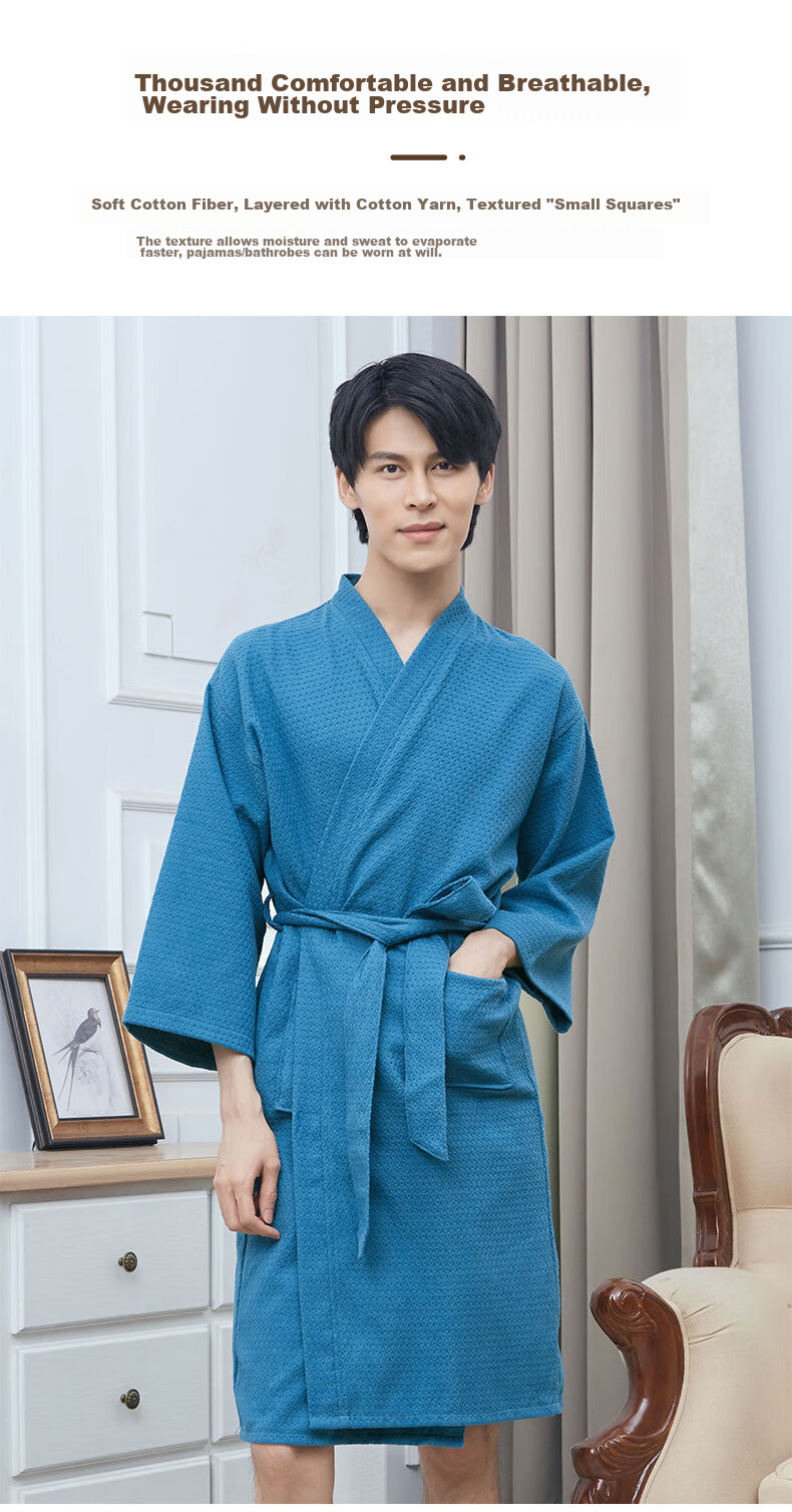 Xinya Pure Cotton Waffle Adult Bathrobe, Unisex Couple Spring Summer Thin Sleepwear Loungewear, Pink, Size L 4
