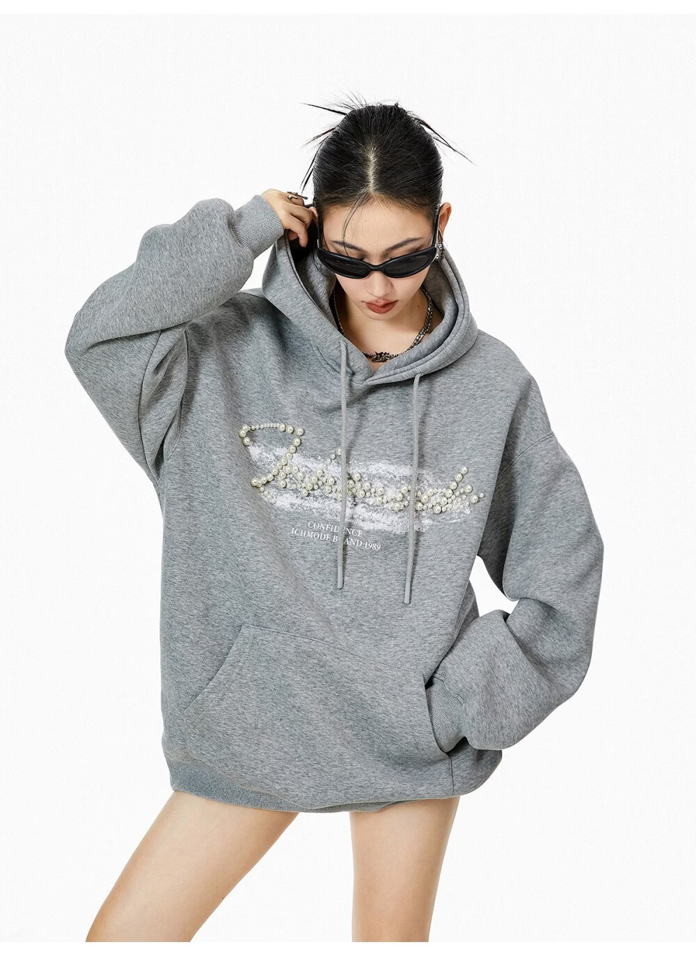 ICH MODE American Style Gray Hoodie Women 2026 Spring New Loose Casual Pullover Jacket White S 20