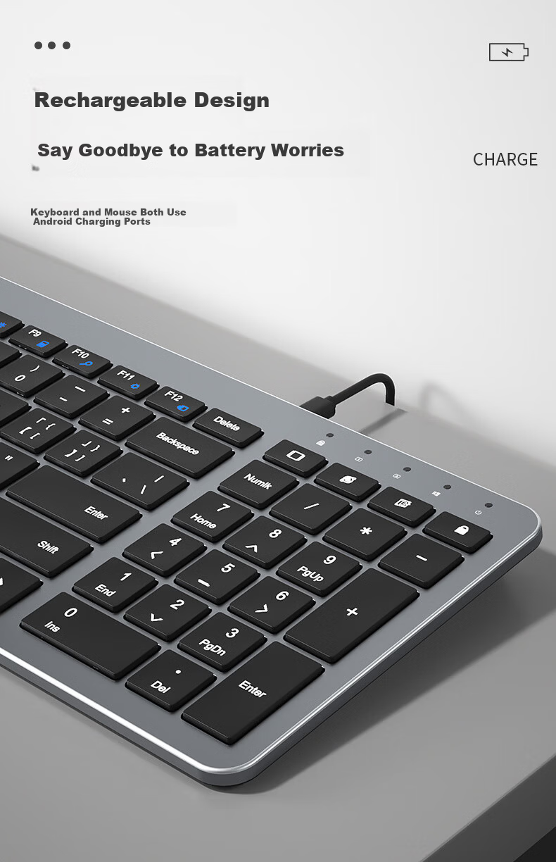 B.O.W Hangshi HW198DL-2 Rechargeable Ultra-thin Wireless Keyboard and Mouse Set for Laptop Desktop External Silent USB Small Business Office Home Use Silver White 3