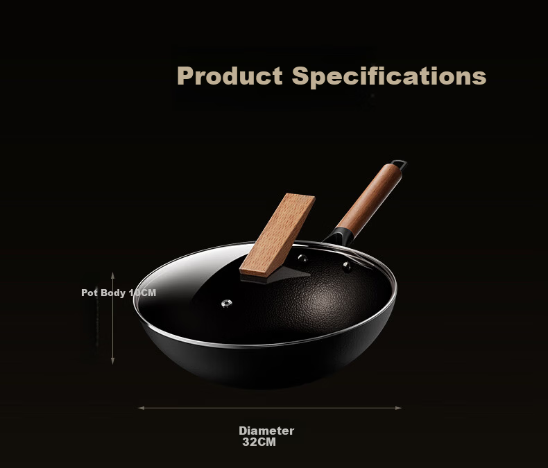 AOTEYOU Large Belly Iron Wok Uncoated Seasoned Household Stir-Fry Pan Traditional Cast Iron Non-Stick Wok for Induction and Gas Stoves 24