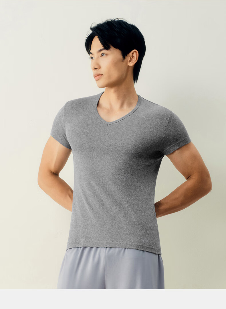 Threegun Men's V-Neck T-Shirt [7A Original Yarn Antibacterial] Pure Cotton Ribbed Stretch Basic Short Sleeve Undershirt (2-Pack) 10