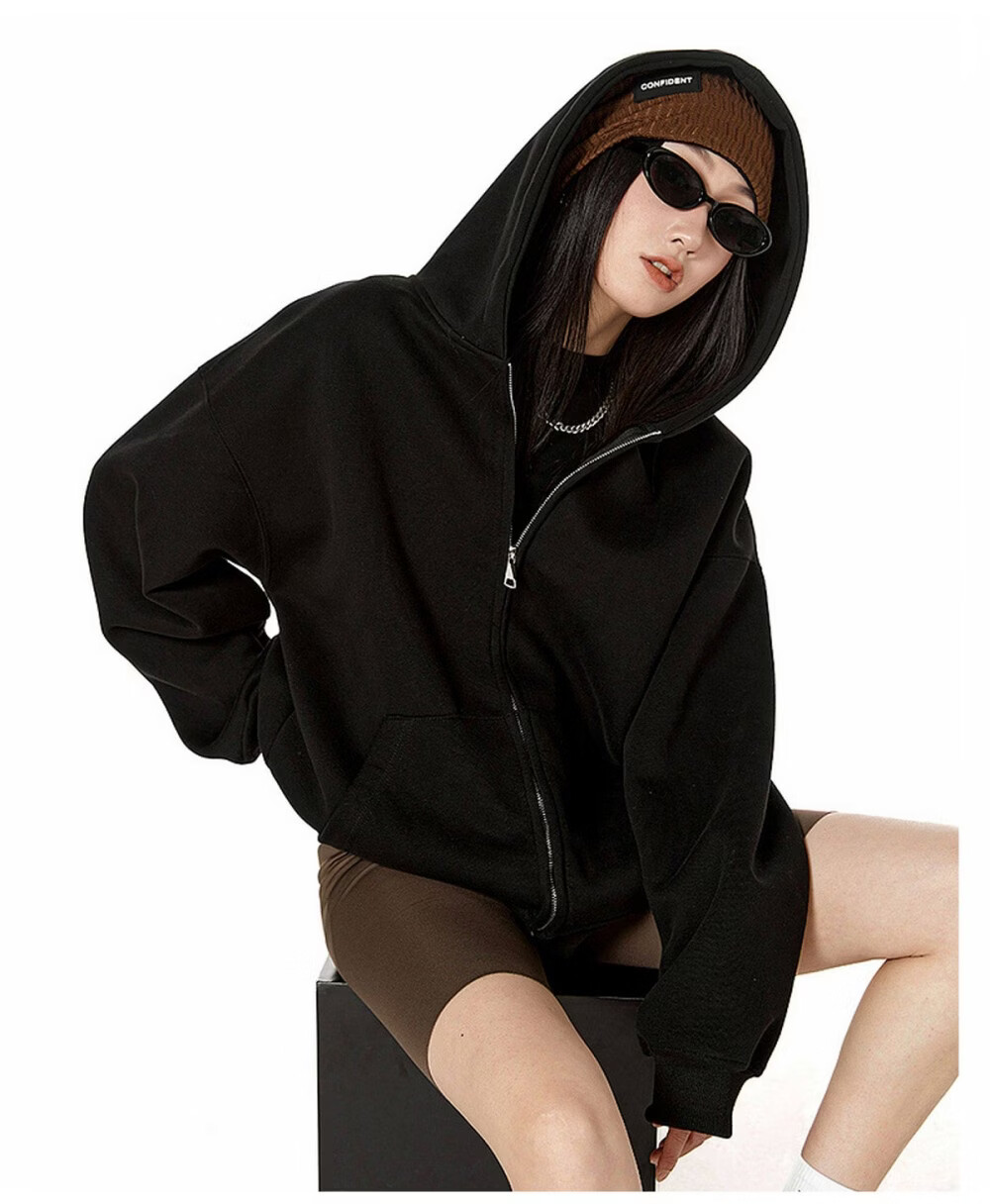 ICH MODE Women's American Style Hoodie Jacket 2026 Spring Autumn New Loose Fit Zip-up Lazy Long Sleeve Top Black S 32