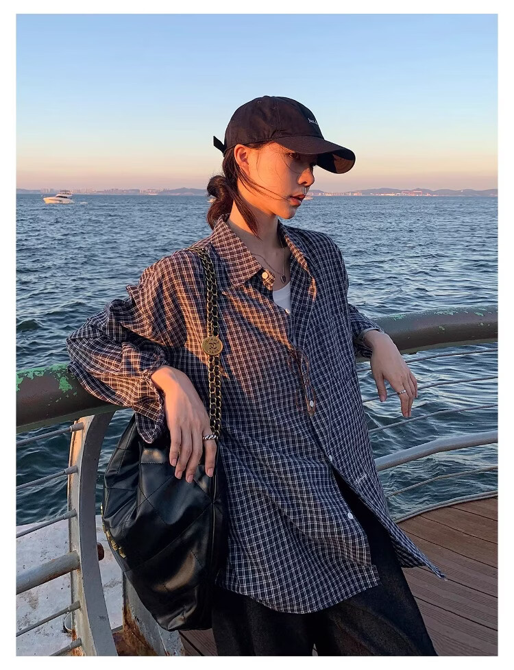 ICH MODE "Plaid Collector" Korean Retro Casual Black and White Plaid Long Sleeve Shirt Spring Autumn Shirt Silver Gray L 4