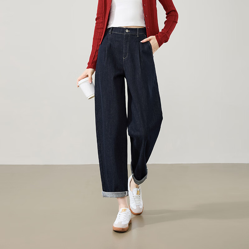 ESE-Y Women's Dark Blue Wide-Leg Denim Jeans 2026 Spring New Slim High-Waist Casual Curved Pants Size 26