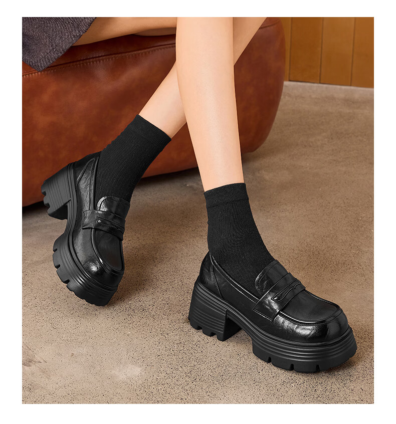 Saturday Thick Sole Loafers Women 2026 New Spring Slip-On Soft Sole Comfortable Black Height Increasing British Style Small Leather Shoes 6