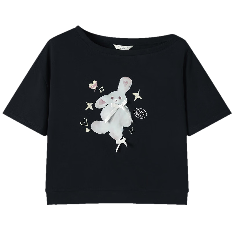 TonLion 2026 Summer New Women's Short Sleeve T-Shirt Off-Shoulder Design Pure Cotton Youthful Cute Petite Outfit