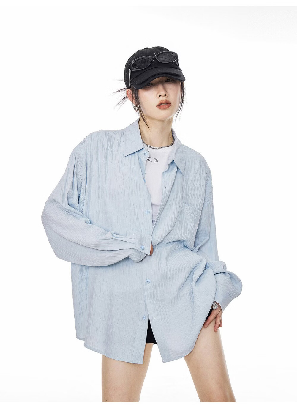 ICH MODE American Texture Physical Sunscreen Long Sleeve Shirt Women 2026 New Summer Premium Shirt Light Blue S 17